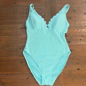 kate spade aqua scalloped V-neck one-piece swimsuit Small